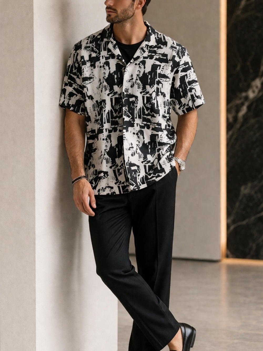 Zara Black and White Abstract Button Down Shirt